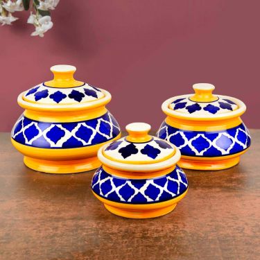 Hand Painted Ceramic Handi Set with Lid (Set of 3, Blue & Yellow) | Dinner Serving Bowls | Biryani Handis | Serving Pots