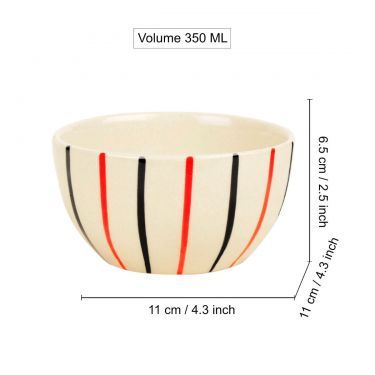 Studio Pottery Ceramic Striped Dinner Bowls (Set of 4, 350 ml each, Off White & Multicolor) | Ceramic Bowls for Curries or Lentils | Katoris