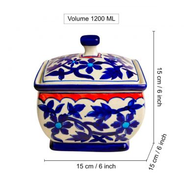 Hand Painted Ceramic Serving Donga with Lid (1200 ml, Blue Mughal Painting) | Casserole | Dinner Serving Bowl with Lid 