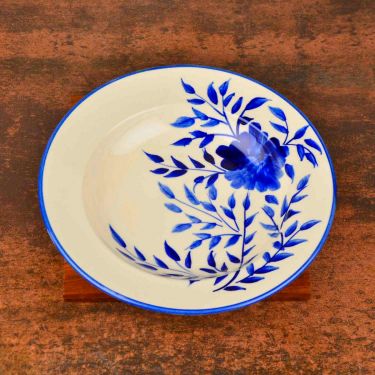 Handpainted Premium Ceramic Floral Deep Pasta Plate (Diameter – 9.5 inches, Blue & Off White) | Soup Plate | Maggi Plate