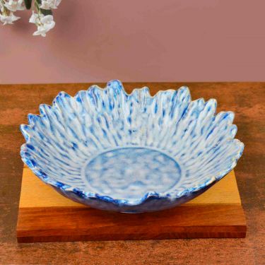 Studio Pottery Artistic Ceramic Serving Bowl with Cutwork Design (Sky Blue, 20.5 cm, 500 ml) | Snack Serving Bowl | Pasta Serving Bowl