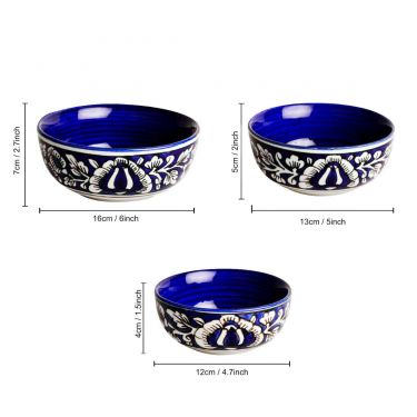 Studio Pottery Handpainted Dinner Serving Bowl Set (Set of 3, Blue & White, Mughal Floral Painting) | Dinner Serving Donga Set | Stackable Kitchen Bowl Set