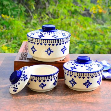 Hand Painted Ceramic Serving Donga with Lid (Set of 3, Blue, 900 ml, 500 ml, 300 ml) | Dinner Serving Casseole Set