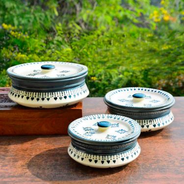 Hand Painted Ceramic Handi with Lid (Set of 3, 1500 ml, 1000 ml and 700 ml, Grey) | Dinner Serving Set | Serving Pots | Biryani Handis | Gift Pack