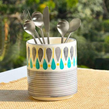 Hand Painted Ceramic Cutlery Stand (Grey, Turquoise Blue, Yellow, L x B x H – 9 x 9 x 11 cm, 600 ml) | Multi Utility Jar | Toothbrush Holder | Pen Stand