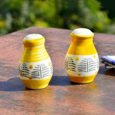Handpainted Ceramic Salt and Pepper Shaker (Yellow and Black, Set of 2) | Salt and Pepper Dispenser for Dining Table