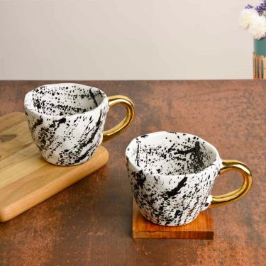 Premium Handmade Dalmation Ceramic Coffee Mugs with Golden Handle (200 ml, White & Black, Set of 2) | Tea Cups & Mugs | Chai Cups