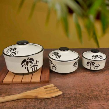 Studio Pottery Handpainted Ceramic Serving Donga (Set of 3, White and Black Motif) | Dinner Serving Bowl Set | Ceramic Kitchen Bowl Set