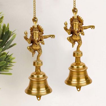 Pure Brass Antique Hanging Temple Bell with Ganesha (Set of 2, 3.6 x 3.6 x 9.6 inches, 2.4 kg) | Door Bell | Big Decorative Ghanti for Mandir, Pooja Room, Home Decoration