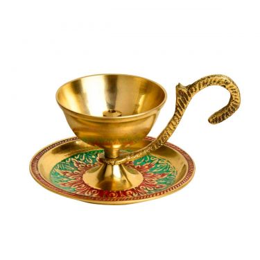 Brass Decorative Pooja Diya with Handle and Plate with Meenakari Art (L x B x H – 9 x 5 x 5 cm ; Weight – 100 gm) | Oil Puja Lamp | Pooja Deepak for Home / Office Temple