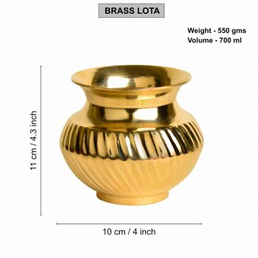 Pure Brass Lota with Grooves for Puja (Diameter – 10 cm, Height – 11 cm, Weight – 550 gm) | Kalash | Pooja Lota | Karwachauth Lota | Peetal Lota for Drinking Water (700 ml)
