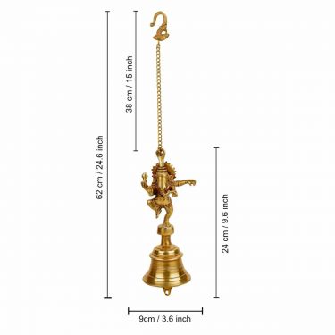 Pure Brass Antique Hanging Temple Bell with Ganesha (3.6 x 3.6 x 9.6 inches, 1.2 kg, Chain-15 inches) | Door Bell | Big Decorative Ghanti for Mandir, Pooja Room, Home Decoration