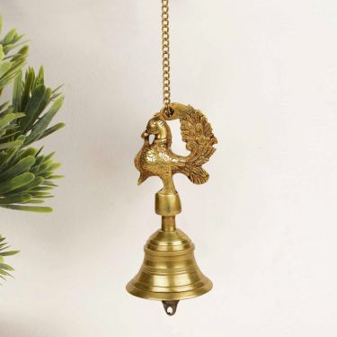 Pure Brass Antique Hanging Temple Bell with Peacock (3.6 x 3.6 x 8 inches, 1.1 kg, Chain-15 inches) | Door Bell | Big Size Decorative Ghanti for Mandir, Pooja Room, Home Decoration