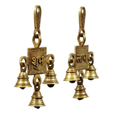 Pure Brass Subh Labh Hanging Bells Set for Door Entrance (Set of 2, 8 x 2 x 15 cm, 425 gm) | Decorative Bells Combo for Pooja Room, Mandir, Temple, Home Decor, Diwali