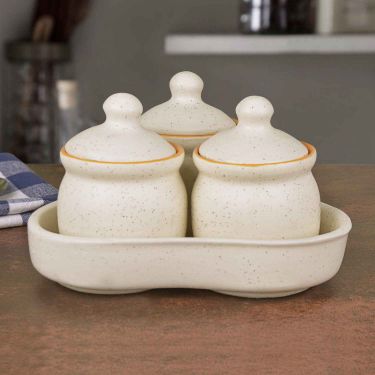 Ceramic White Matt Pickle Serving Jar Set with Tray (Set of 3, White and Yellow)
