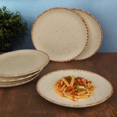 Hand Glazed Ceramic Dinner Serving Plates ( 10 inches , Set of 6 , Off White , Brown )