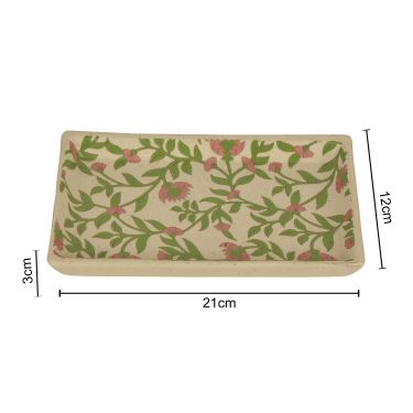 Handpainted Ceramic Rectangular Platter (Off white and Green, L - 21 cm, B - 12 cm)