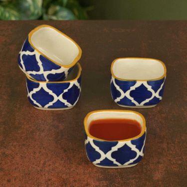 Handpainted Ceramic Square Dip Bowls (Set of 4, Blue and White, 50 ml each) | Chutney Bowls | Ketchup Bowls