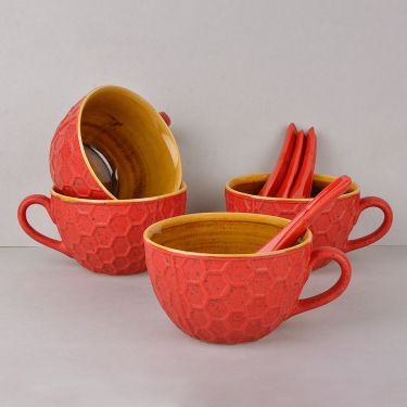 Studio Pottery Ceramic Soup Cups with Spoons (Set of 4, Red and Yellow, 310 ml) | Cereal Cups | Maggi Serving Bowls 