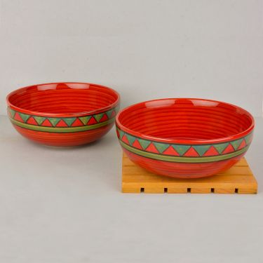 Hand Painted Ceramic Serving Bowls (Set of 2, Red and Green, 400 ml) | Salad Bowls | Vegetable and Pasta Serving Bowls | Snack Bowls